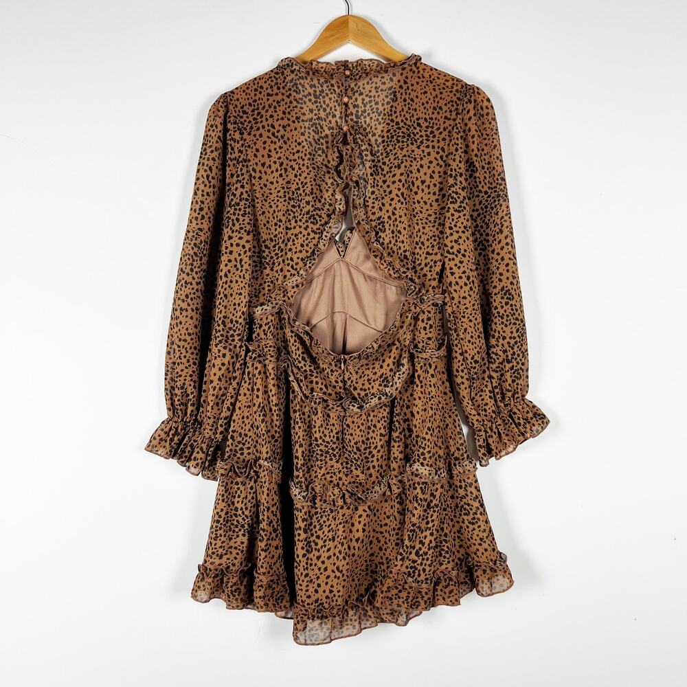 Cheetah print dress brown black tan ruffle accents open back size small - Picture 4 of 5